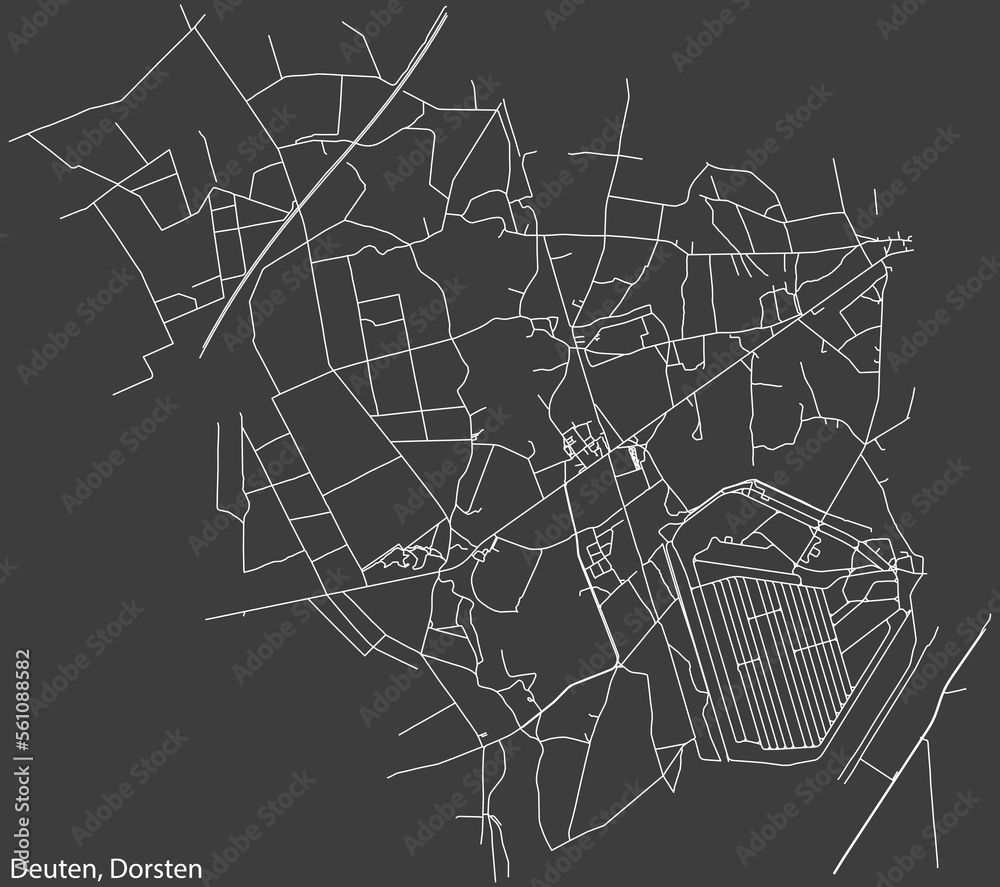 Detailed negative navigation white lines urban street roads map of the DEUTEN DISTRICT of the German town of DORSTEN, Germany on dark gray background