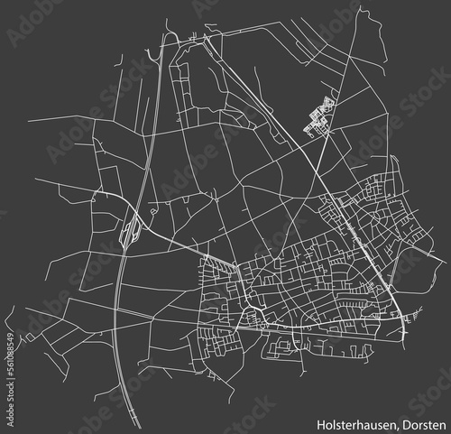 Detailed negative navigation white lines urban street roads map of the HOLSTERHAUSEN DISTRICT of the German town of DORSTEN, Germany on dark gray background