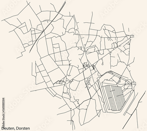 Detailed navigation black lines urban street roads map of the DEUTEN DISTRICT of the German town of DORSTEN, Germany on vintage beige background