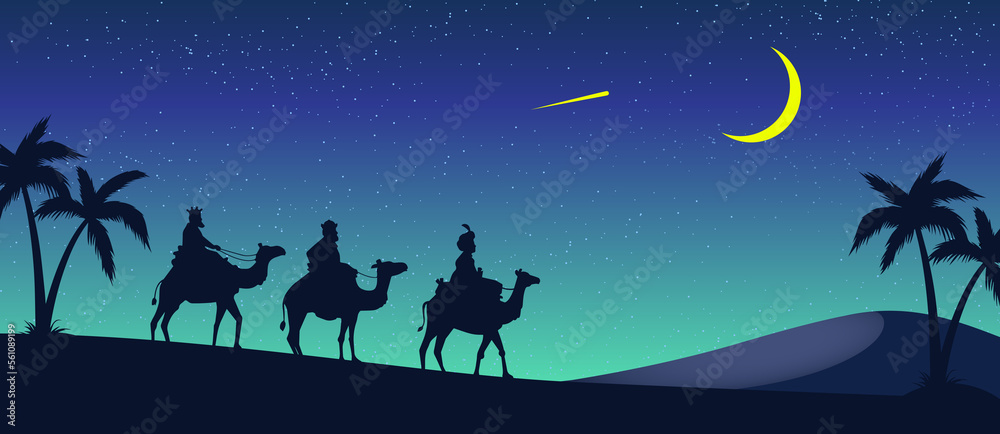 illustration of three kings walking in the desert towards belen, three magics kings walking in the starry night, wise kings, reyes magos illustration of three kings walking in the desert towards belen, three magics kings walking in the starry night, wise kings, reyes magos
