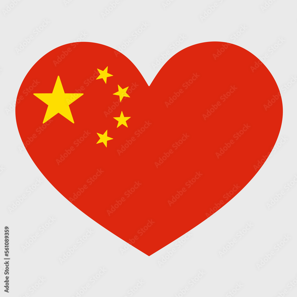 Vector illustration of the China flag with a heart shaped isolated on plain background. 