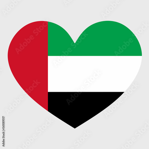 Vector illustration of the United Arab Emirates or UAE flag with a heart shaped isolated on plain background. 