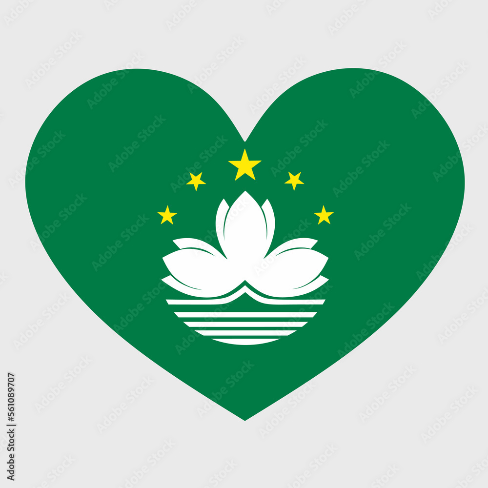 Vector illustration of the Macau flag with a heart shaped isolated on plain background. 