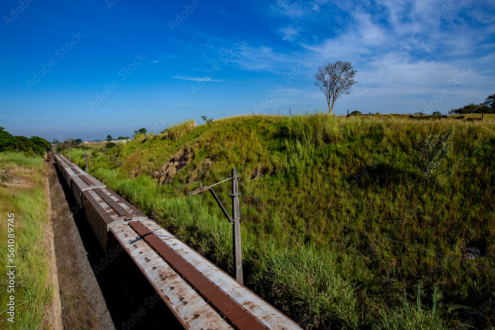 Freight train with numerous wagons between hills on Minas Geraes, Brazil Freight train with numerous wagons between hills on Minas Geraes, Brazil