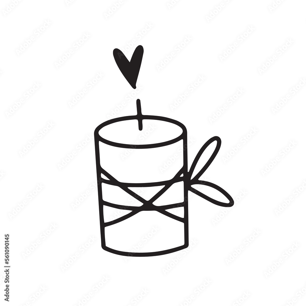 Obraz premium Burning candle in a glass on a white background. Vector hand drawn illustration in doodle style. relaxation design element. Suitable for cards, logos, decorations.