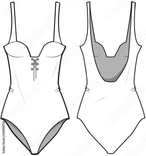Women Strappy Back Open Bodysuit, Women One Piece Swimsuit, Leotard Front and Back View. Fashion Illustration, Vector, CAD, Technical Drawing, Flat Drawing, Template, Mockup.