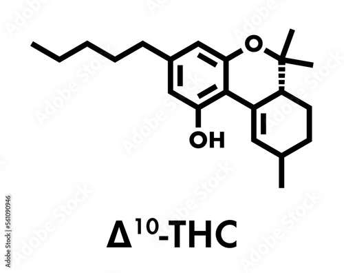 Delta-10-tetrahydrocannabinol (D10-THC) molecule. Isomer of Delta-9-THC. Skeletal formula.