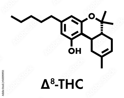 Delta-8-tetrahydrocannabinol (D8-THC) molecule. Isomer of Delta-9-THC. Skeletal formula.