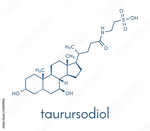 Taurursodiol drug molecule. Also known as ursodoxicoltaurine and tauroursodeoxycholic acid or TUDCA. Skeletal formula.