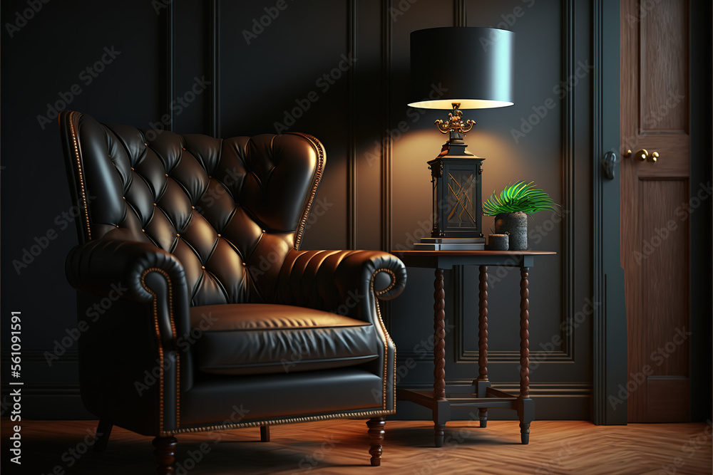 Vintage dark living room interior close up with leather sofa.3d