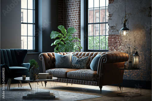 ndustrial loft living room interior with sofa,chair and brick wall.3d rendering