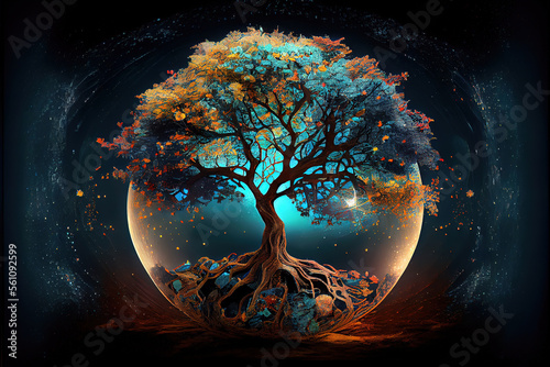 tree of life moon illustration, dark background, mystical, spiritual concept,generative ai	