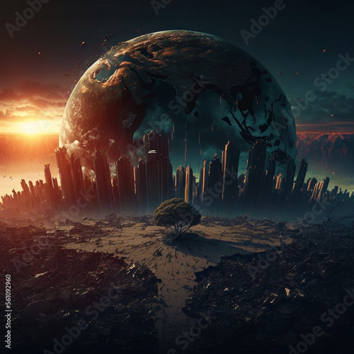 Apocalypse concept, Destroyed Planet Earth illustration. generative Ai
