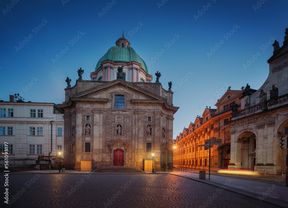 St. Francis of Assisi Church (Church of St Francis Seraph) at Krizovnicke Square at night - Prague, Czech Republic