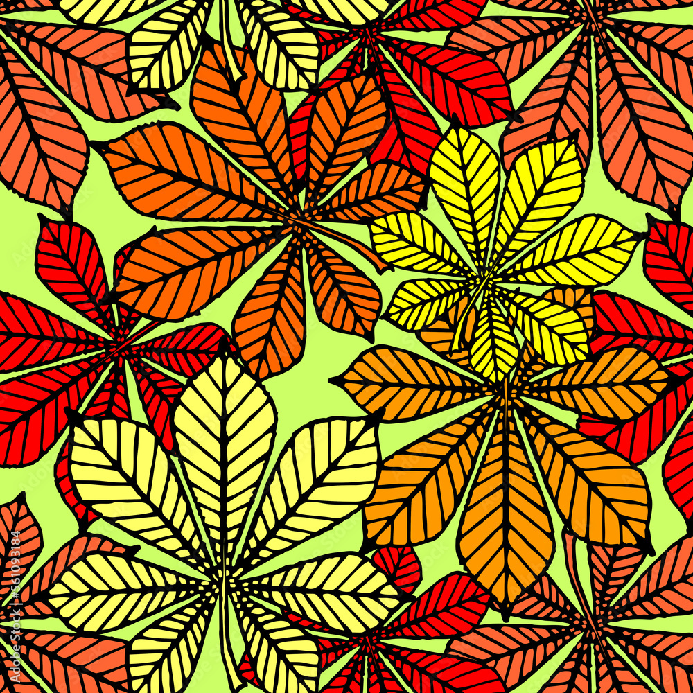 bright autumn seamless pattern of chestnut yellow and red leaves on a green background, texture, design