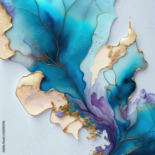 Ink painting gold & blue abstract on white background - generated by Generative AI
