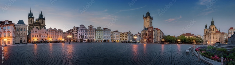 Panoramic view of Old Town Square at sunrise with Church of Our Lady before Tyn and Old Town Hall - Prague, Czech Republic