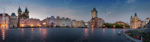 Panoramic view of Old Town Square at sunrise with Church of Our Lady before Tyn and Old Town Hall - Prague, Czech Republic