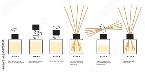 Step-by-step instructions for reed diffuser. Instructions for home fragrance, aroma diffuser. Set of vector icons with descriptive text on white background