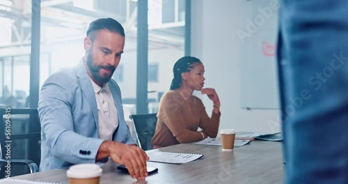 Angry and frustrated man in a business meeting shouting during fight or argument about policy problem. Employees with anger, crisis and conflict discussion in office about bullying and failure photo