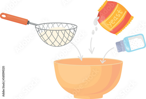 Dough preparation. Mixing ingredients in bowl. Cartoon recipe icon