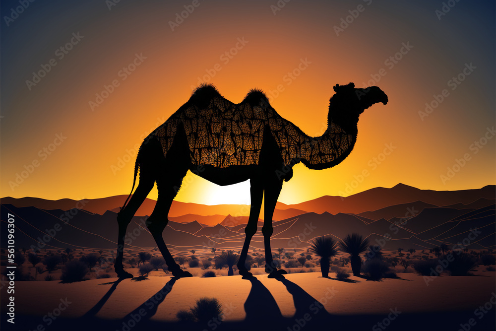 Silhouette of a camel during sunset in a desert Generative AI Silhouette of a camel during sunset in a desert Generative AI
