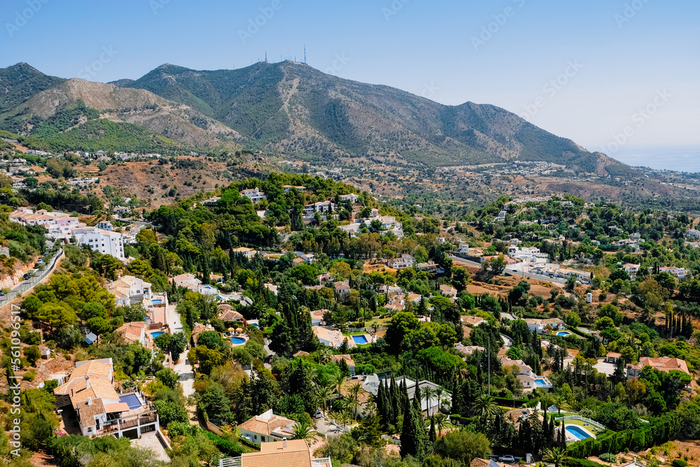 Mediterranean landscape, mountain backdrop, houses with pools near Malaga, Andalusia, Spain