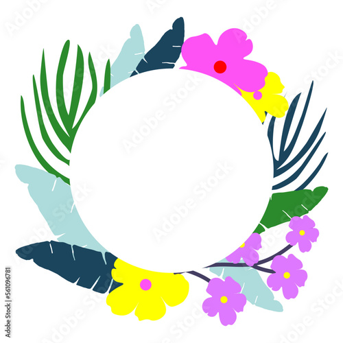 Round frame with tropical leaves and flowers isolated on a white background..