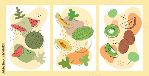 Set of handmade abstract drawing prints of watermelons, melons and kiwis. Design for posters, cards, wrappers and greeting cards. Drawings of fruits