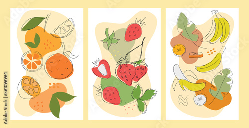 Set of handmade abstract drawings of oranges  strawberries and bananas. Design for posters  cards  wrappers and greeting cards. Drawings of fruits
