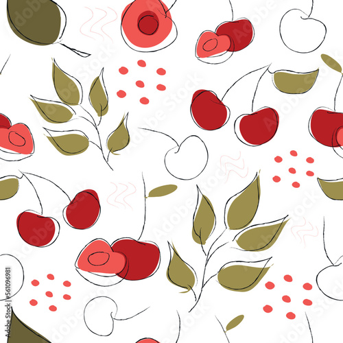 Seamless pattern on handmade abstract fruit drawings. Contemporary artistic design of cherries for backgrounds, cards, wrappers and wallpapers