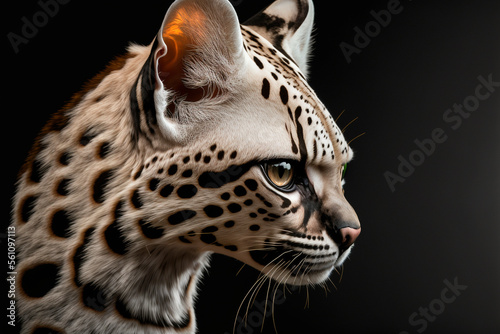 Extreme close up profile of a margay on a black background, copy space, Generative AI photo