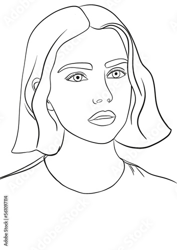 Illustration d’un portait d’une jeune fille aux cheveux mi-court. Dessin minimaliste au trait noir. Image lier à la femme, la mode et au cosmétique, icône de marque de luxe