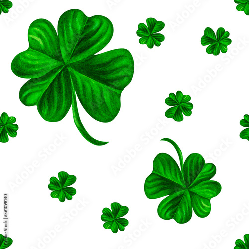 Watercolor hand drawn four leaf clover seamless pattern for St. Patrick's Day for good luck. Element isolated on white background