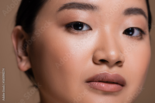 Close up view of asian model with natural makeup looking at camera isolated on brown.