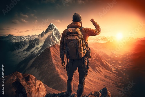 Successful man hiking mountains at sunset - Hiker with backpack pointing the sky with finger stock photo Determination, Decisions, Mountain, Strength, Climbing