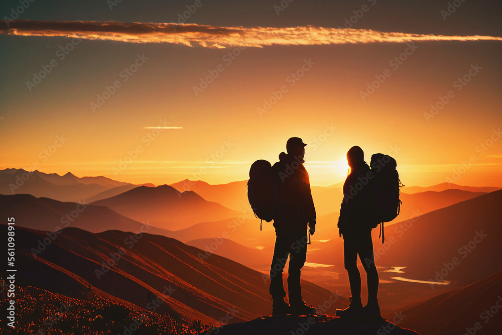 Fototapeta premium Couple on Mountain Ridge - Generative Ai