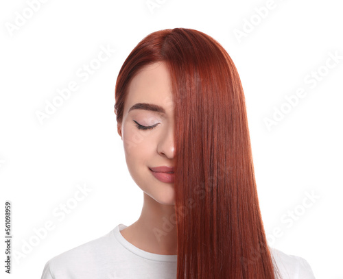 Beautiful woman with red dyed hair on white background