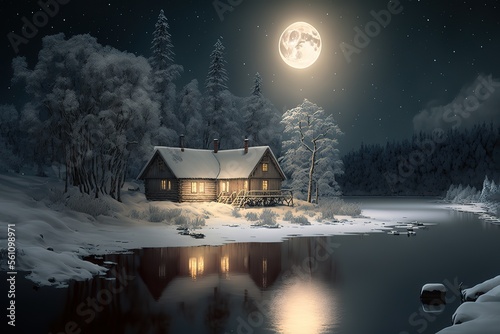 forest snow, lake, snowy house moon