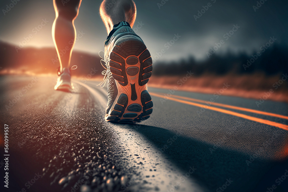 Nahaufnahme vom Sport Schuh eines Athleten beim joggen - Ai generiert - obrazy, fototapety, plakaty 