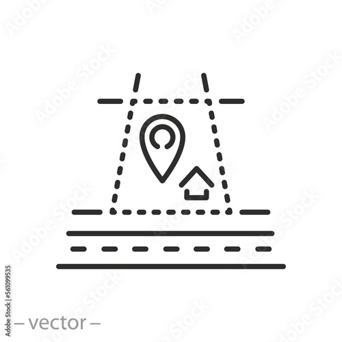 land for construction icon, new plot geolocation, pin map dwelling area, thin line symbol on white background - editable stroke vector illustration