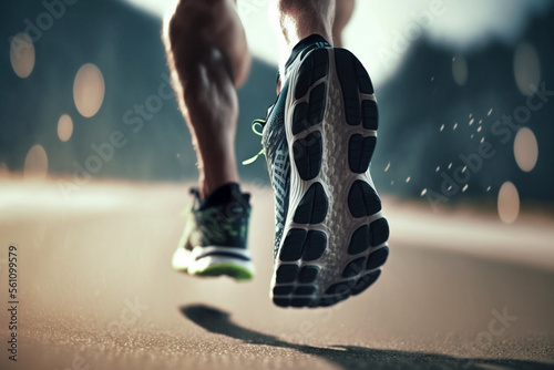 Nahaufnahme vom Sport Schuh eines Athleten beim joggen - Ai generiert photo