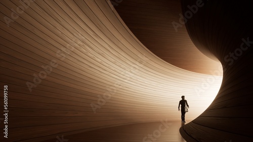 Concept or conceptual dark tunnel with a bright light at the end or exit. 3d illustration as metaphor to success, faith, future or hope, a black silhouette of walking man to new opportunity or freedom