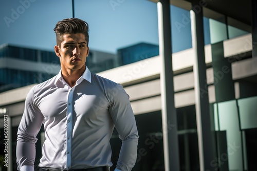 photo shoot of hot and handsome male business model, corporate buildings in the background, natural 35mm F4 full body photo of female model Business on summers day, natural lighting