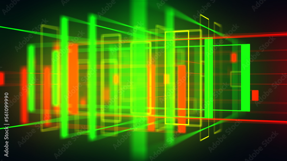Fototapeta premium Colorful red and green 3D geometrical neon space background VJ loop. Glossy colorful shapes