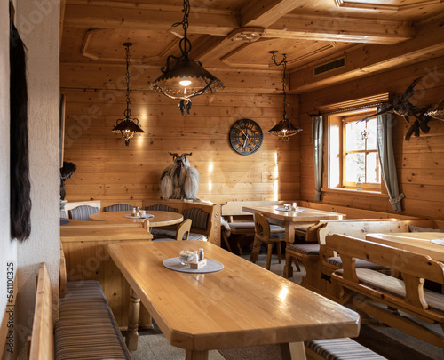 Decoration of the mountain restaurant in the Austrian Alpine style