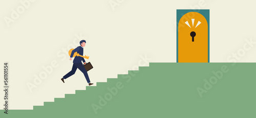 鍵を持ち階段を上る男性会社員　扉　人物フラットイラスト