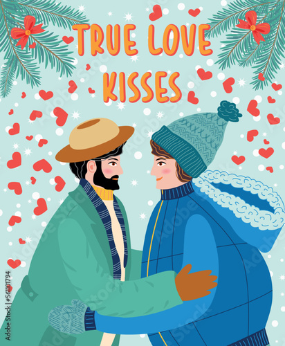 Flat hand drawn valentines day greeting card. Loving couple of young gay men, lesbian women