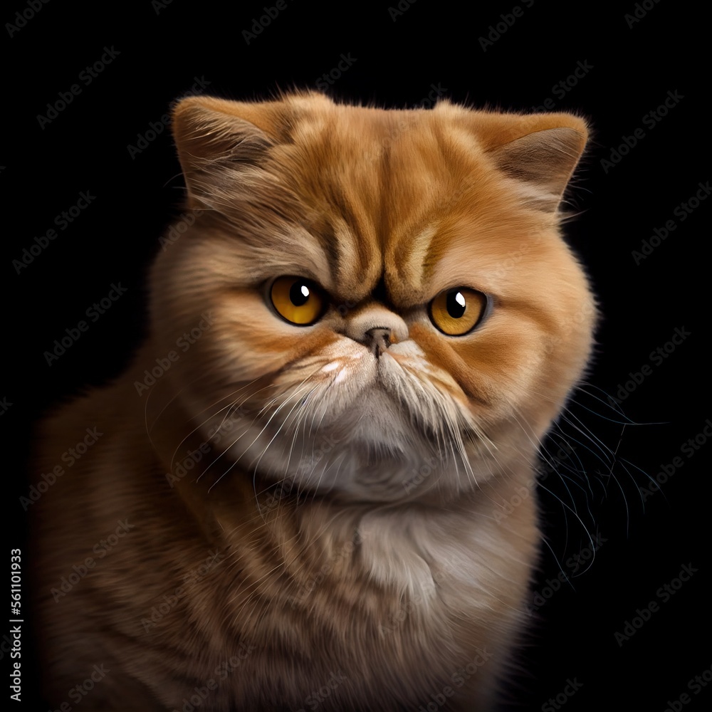 Exotic Shorthair cat breed isolated on a black background. Generative AI