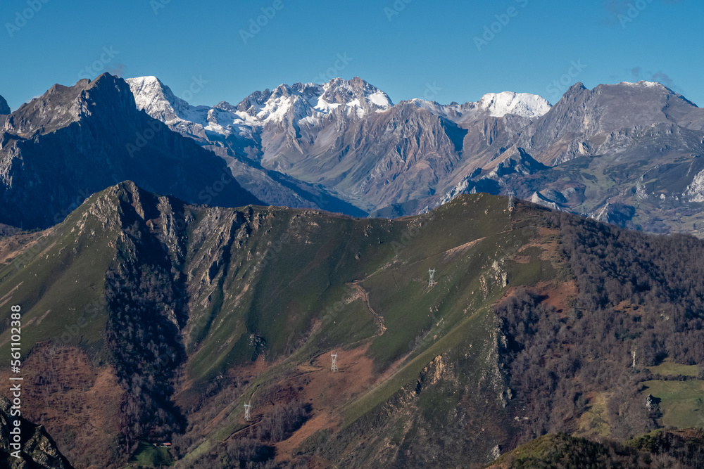 Valleys and mountains of the Cantabrian Mountains from the top of Puerto Pajares. Leon and Asturias, Spain.